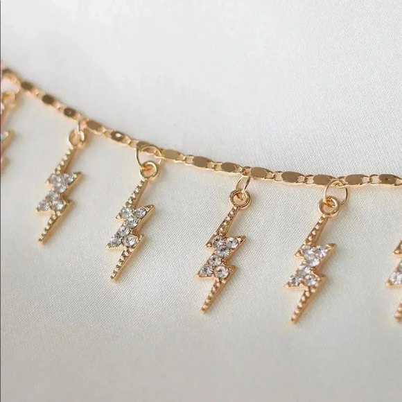 NEW! 18K Gold Plated Box Chain CZ Lightening Bolt Charm Tassel Choker Necklace - Picture 5 of 6